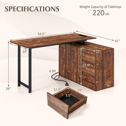 GOFLAME 54.5” L Shaped Computer Desk with Power Outlet, Reversible Corner Desk with File Cabinet and 3 Drawers, PC Desk Study Writing Table Workstation for Home Office, Small Space, Rustic Brown