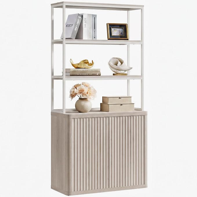 SICOTAS Book Shelf Fluted Bookshelf 71" Tall Bookcase with Doors Storage 5 Tier Mid Century Modern Bookshelves Large Shelves Metal Book Cases for Living Room Office Kitchen Library