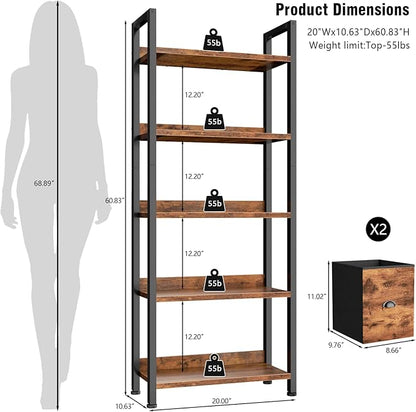 Furologee 5-Tier Bookshelf, Tall Bookcase with 2 Storage Drawers, Industrial Standing Storage Shelf, Wood Metal Display Rack for Living Room Bedroom Home Office, Rustic Brown