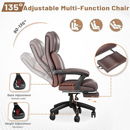 HOMREST Big and Tall Office Chair, Brown | 500lbs Heavy Duty, Adjustable Lumbar Support & Backrest, Ergonomic Executive Leather, Wide Armrests and Wheels