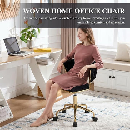 NIOIIKIT Home Office Chair, Velvet Upholstered Task Chair with Woven Open Back, 360° Swivel Desk Chair with Wheels, Adjustable Vanity Chair, Computer Chair for Office, Studio (Black)