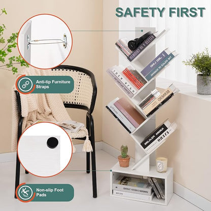 Yoobure Tree Bookshelf, 6 Tier Small Book Shelf Retro Floor Standing Bookcase, Wood Book Storage Organizer Rack, Tall Narrow Bookshelves for Corner/Bedroom/Living Room/Home Office, White