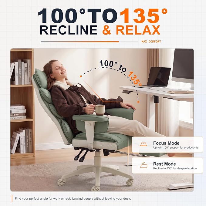 Dowinx Big and Tall Office Chair with Pocket Springs Cushion,High Back Computer Gaming Chairs with Adjustable Armrests,Executive Desk Chairs with Lumbar Support and Footrest,PU Leather-Green