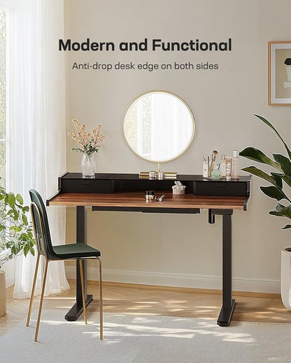 Marsail Electric Standing Desk with Drawers, 48 x 24 Inch Stand Up Desk with Glass Monitor Stand, Height Adjustable Desk with Drawers for Home & Office, 4 Preset Heights, Black Walnut