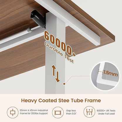 SEDETA L Shaped Electric Standing Desk with 7 Drawers, 63"×55.1" Height Adjustable Stand Up Desk with Power Outlets, 28.3"-47.2" Sit Stand Desk with Storage Shelves, 3 Memory Presets, White + Brown