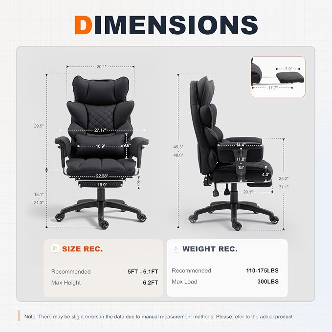 Dowinx Big and Tall Office Chair with Pocket Spring Cushion,High Back Computer Gaming Chairs with Adjustable Armrests,Executive Desk Chairs with Lumbar Support and Footrest,Fabric-Black