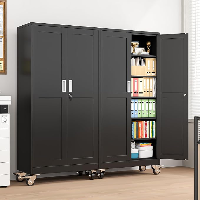 pozdeg 73.6" Metal Garage Storage Cabinets with Wheels, Lockable Rolling File Cabinets with 2 Doors and 5 Adjustable Shelves, Steel Tool Organizer Locker for Office Home Garage Gym School, Black