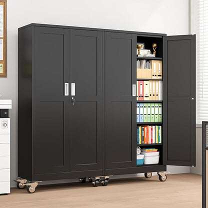 pozdeg 73.6" Metal Garage Storage Cabinets with Wheels, Lockable Rolling File Cabinets with 2 Doors and 5 Adjustable Shelves, Steel Tool Organizer Locker for Office Home Garage Gym School, Black