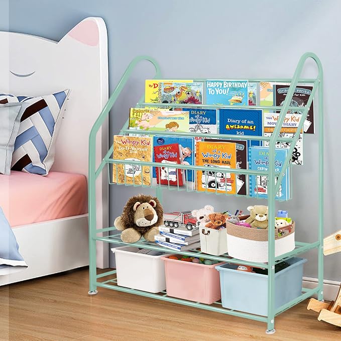 aboxoo Metal Kids Bookshelf Green Freestanding for Children Room 32 in Toy Organizer Book Unit Storage Large Green Stable Bookcase Bookstore Living Room Bed Room Library
