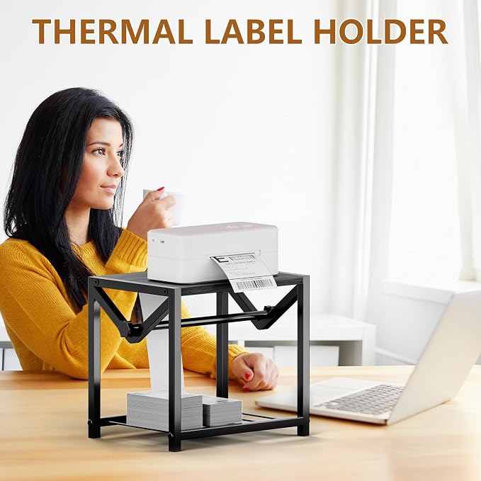 Label Holder for Rolls and Fanfold Labels, Wooden & Metal Thermal Sticker Label Printer Holder for Desktop, Sticker Roll Holder for Home Office Small Business Essentials, Black
