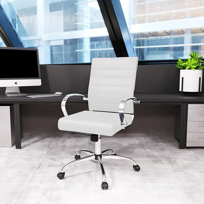 LeisureMod Benmar Leather Office Desk Chair, Mid-Back Ergonomic Swivel Chair with Lumbar Support, Adjustable Height, Tilt Lock, Cushioned Seat & Back, Home Office Task Chair (White, Single)
