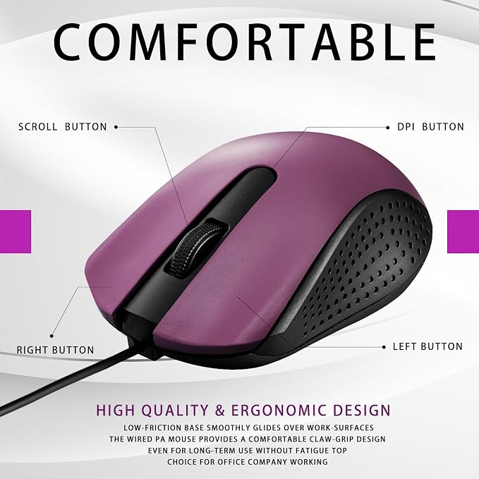 Bonuci 30 Pack USB Wired Mouse 3 Button Corded Computer Mice Bulk USB Mouse for PC Desktop, Laptop, Office, School, Classroom Use(Purple)
