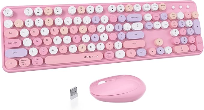 UBOTIE Colorful Wireless Keyboard and Mouse Combos, Retro Typewriter Floating Flexible Full-Sized Keys Computer Keyboard with Optical Mouse, 2.4GHz USB-A Connection for Windows Mac (Pink-Colorful)