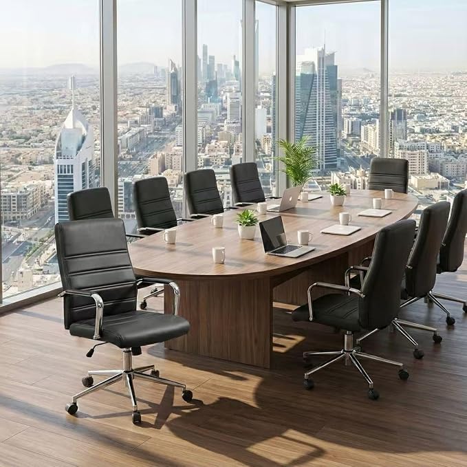 Office Desk Chair Leather, Conference Room Chairs with Wheels, Modern Executive Office Chairs Adjustable Height, Ergonomic Swivel Rolling Ribbed Computer Chair(Black)