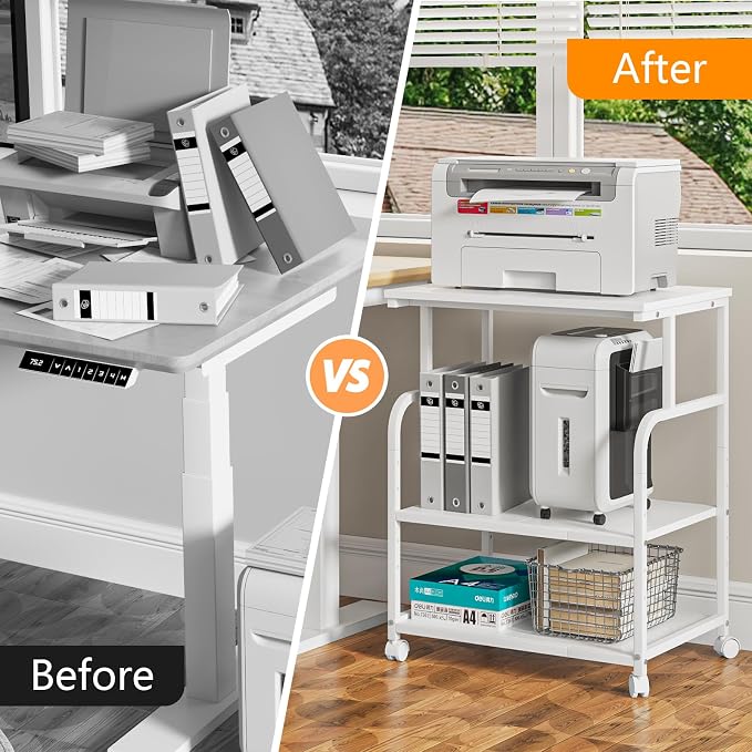 3-Tier Large Printer Stand with Storage, Rolling Printer Cart with Lockable Wheels for Home, Office (White)