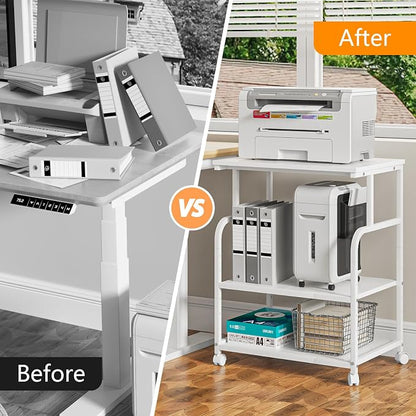 3-Tier Large Printer Stand with Storage, Rolling Printer Cart with Lockable Wheels for Home, Office (White)