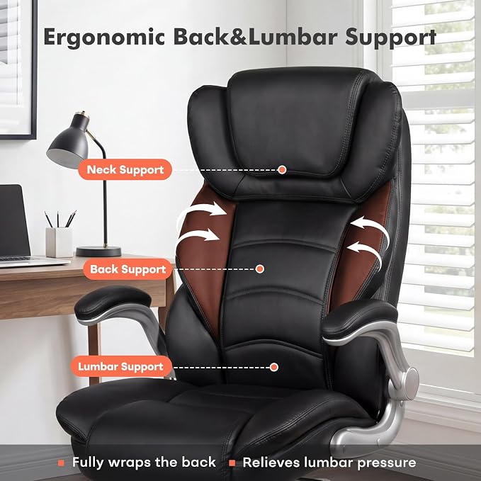 GYI Big and Tall 400lb Office Chair, Leather Executive Desk Chair, Black | 24"Wide Seat, High Back, Space-Saving Flip-up Arms, Lumbar Support, Heavy Duty Base, Home, Conference Room