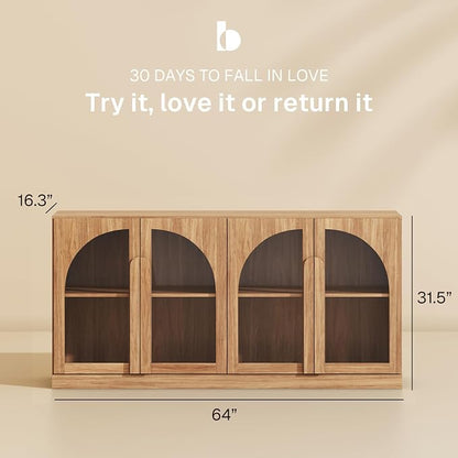 BELLEZE 64" Kitchen Storage Cabinet with Adjustable Shelves, Freestanding Accent Cabinet with Arched Glass Doors for Living Room, Dining Room, Entryway, Camel