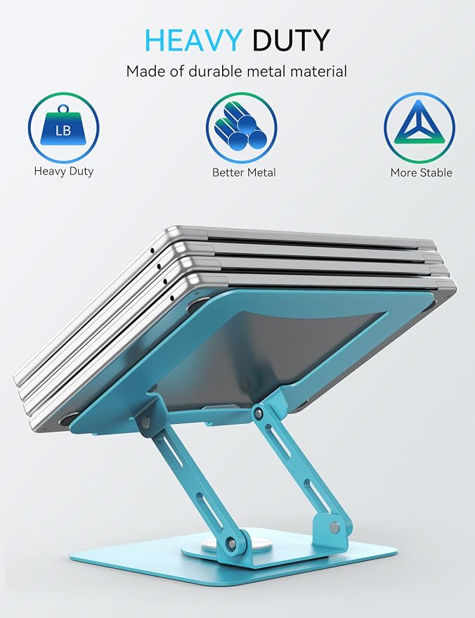 SOUNDANCE 360 Rotating Laptop Stand, Ergonomic Computer Riser for Desk, Adjustable Height Multi-Angle Metal Holder, Foldable Portable Notebook Elevating Base for Office & Home, Blue