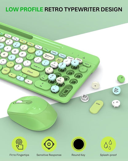 Colorful Wireless Keyboard and Mouse Combo - Round Keycaps, 2.4GHz Retro Typewriter Keyboard with Number Pad, Cute Compact USB Keyboard and Mouse for Computer PC Desktop Laptop (Green)