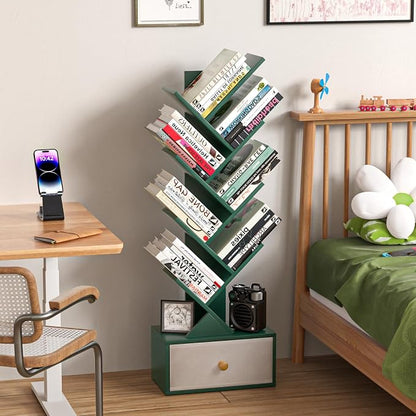 SHEEPAM 8 Tier Tree Bookshelf with Drawer, Free Standing Wood Green Bookcase for Narrow Space, Storage Organizer Bookshelves for Books, Book Case for Home Office, Living Room, Bedroom