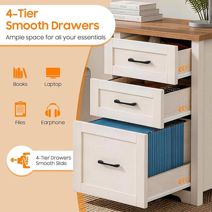 Vabches 61”Farmhouse L Shaped Executive Desk with File Drawers, Corner Computer Desk with Mobile CPU Stand, Wood Writing Computer Desk for Work, Study.Unique White