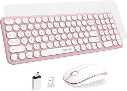 Wireless Keyboard and Mouse Combo,XTREMTEC 2.4GHz Quiet Slim Cute Round Keycap Compact Size Pink Kawaii Cordless Retro Keyboard and Mouse Set Home Office Accessories for Mac/Windows(Sakura Pink)