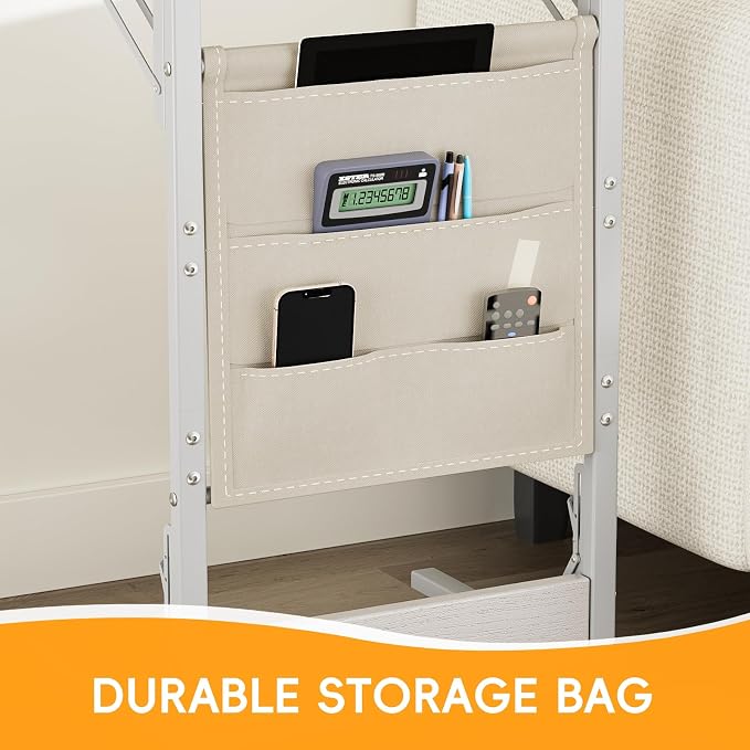 Folding TV Tray Table, 28.8" Tall C-Shaped Side Table for Couch and Bed, Slide Under Sofa Side Desk with Storage Bag - Sturdy Metal Frame Tray for Living Room, Bedroom, Home & Office (White)