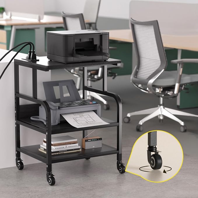 Large Printer Stand with 3-Tier Wood Storage Shelves - Multi-Purpose Desk Organizer for Printer Scanner Fax Home Office Use with Wheels (Jet Black)