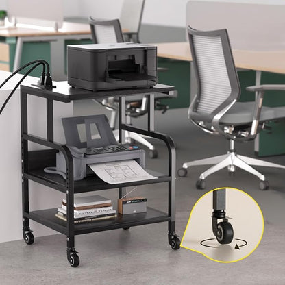 Large Printer Stand with 3-Tier Wood Storage Shelves - Multi-Purpose Desk Organizer for Printer Scanner Fax Home Office Use with Wheels (Jet Black)