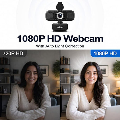 1080P HD Webcam with Dual Mics, Rotatable Tripod, Privacy Cover & USB‑A to C Adapter – Plug & Play USB Camera with Auto Light Correction for PC/Laptop, Video Calls, Streaming, Gaming & Online Meetings