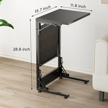 Folding TV Tray Table, 28.8" Tall C-Shaped Side Table for Couch and Bed, Slide Under Sofa Side Desk with Storage Bag - Sturdy Metal Frame Tray for Living Room, Bedroom, Home & Office (Black)