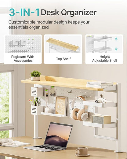 PEGZONE Clamp on Desk Shelf, 44" Desktop Shelving System, White | with Pegboard and Accessories, Desktop Organizer with 2-Tier Shelf, Desk Pegboard for Gaming Office
