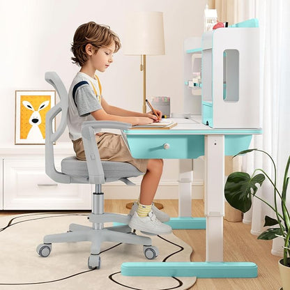 Giantex Kids Desk Chair, Ergonomic Adjustable Student Rolling Chair with Footrest & Flip-up Armrest, Mesh Children Office Chair with Universal Wheels, Kids Computer Chair for Boys & Girls, Grey