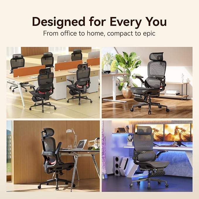 SIHOO B100 PRO Ergonomic Office Chair with Footrest, Mesh Office Chair with Adaptive Lumbar Support, Computer Chair with Wide Headrest, Desk Chair with 360° Rotatable Flip-Up Armrests, Jet Black
