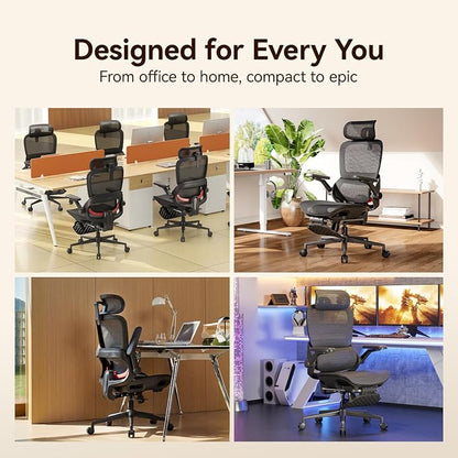 SIHOO B100 PRO Ergonomic Office Chair with Footrest, Mesh Office Chair with Adaptive Lumbar Support, Computer Chair with Wide Headrest, Desk Chair with 360° Rotatable Flip-Up Armrests, Jet Black