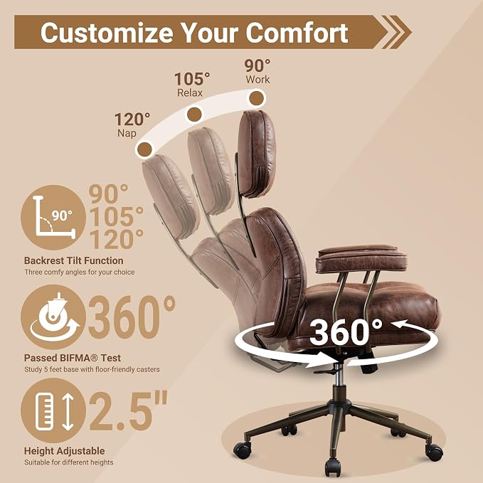 Home Office Chair,Ergonomic Computer Chair with Lumbar Support Adjustable Height,Mid-Century Modern Office Chair with Rolling Swivel Chair for Home Office Game Study(PU Leather Chair,Coffee)