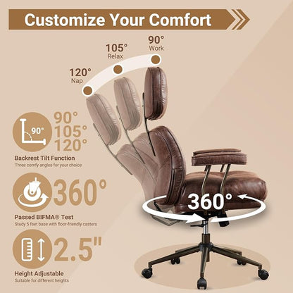 Home Office Chair,Ergonomic Computer Chair with Lumbar Support Adjustable Height,Mid-Century Modern Office Chair with Rolling Swivel Chair for Home Office Game Study(PU Leather Chair,Coffee)