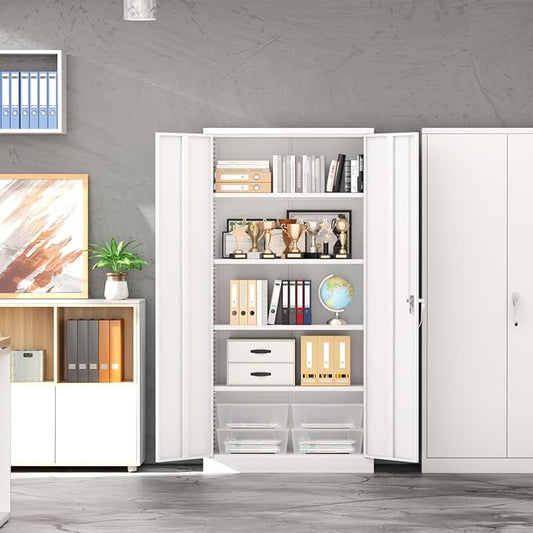 INTERGREAT Metal Garage Storage Cabinet with Lock, 72" Storage Cabinet with Locking Doors and 4 Adjustable Shelves, Lockable Steel Tool Cabinet for Home Office, School,White