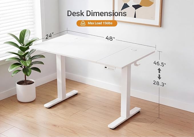 YDN Electric Standing Desk Adjustable Height, 48 x 24 Inches Sit Stand up Desk with Memory Presets & Cable Management, Home Office Desk for Office & Computer Workstation, White Frame/White Top