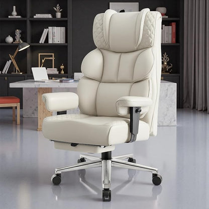 BestGlory Office Desk Chair, Big and Tall Leather Gaming Chair with Footrest, Ergonomic Comfy Executive High-Back Reclining Computer Chairs, Wide Swivel Rolling Wheels and Padded Lumbar Support, White