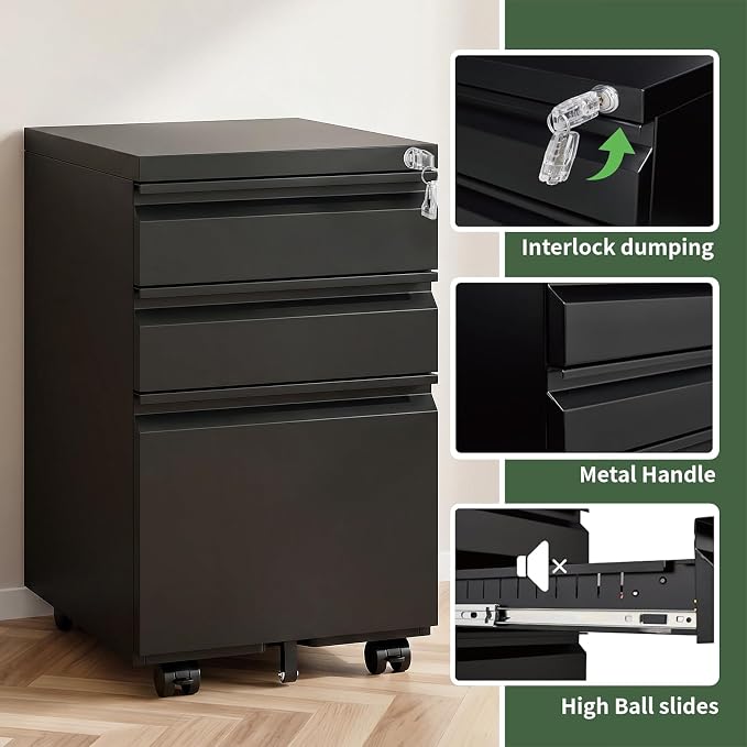 3 Drawer File Cabinet with Lock,Rolling Mobile File Cabinet with Wheels for Home Office,Under Desk Metal Filing Cabinet,Office Storage Organizer,Fully Assembled,Black