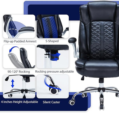 400lbs Executive Office Chair with Flip-Up Armrests, Big and Tall Computer Chair for Heavy People, Heavy Duty Ergonomic Comfy Chair, Breathable PU Leather (Black)