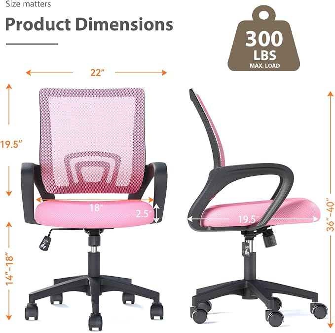 OS MOTOR Home Office Chair, Ergonomic Mid-Back Mesh Desk Chair with Lumbar Support, Adjustable Swivel Rolling Design, Comfy Armrest for Work, Study, Gaming, Vanity, Pink