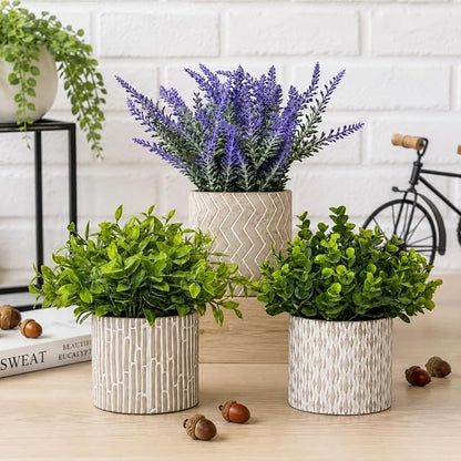 Set of 3 Artificial Potted Plants, Faux Eucalyptus Lavender and Tea Tree Greenery in Cement Pots, Small Fake Plants for Shelf Bathroom Office Desk Decor