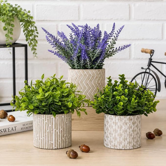 Set of 3 Artificial Potted Plants, Faux Eucalyptus Lavender and Tea Tree Greenery in Cement Pots, Small Fake Plants for Shelf Bathroom Office Desk Decor