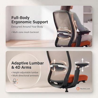 COLAMY Aether Executive Office Chair for Long Hours, One-Touch Easy Adjust Managerial Desk Chair with Levitating Seat Cushion & Pilot-Level Sync Armrests, 300 LBS Mid Back Mesh Computer Chair,Orange