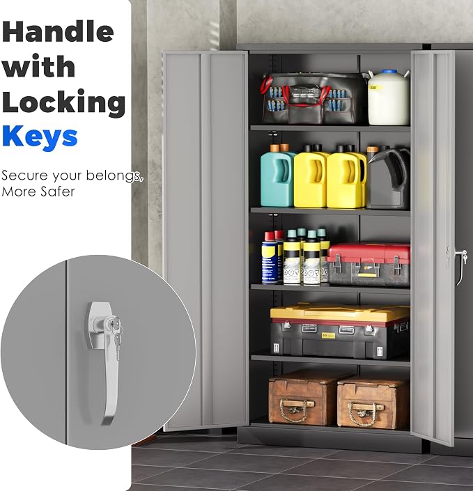 INTERGREAT Metal Garage Storage Cabinet with Lock, 72" Storage Cabinet with Locking Doors and 4 Adjustable Shelves, Lockable Steel Tool Cabinet for Home Office, School, Black Grey