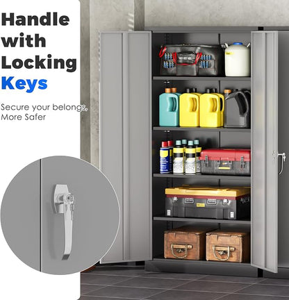 INTERGREAT Metal Garage Storage Cabinet with Lock, 72" Storage Cabinet with Locking Doors and 4 Adjustable Shelves, Lockable Steel Tool Cabinet for Home Office, School, Black Grey