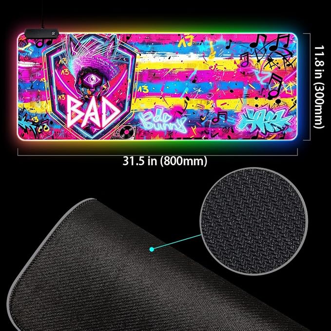 Cyberpunk Neon Rabbit RGB Gaming Mouse Pad – 31.5"x11.8" Large LED Desk Mat with Urban Street Art Design Third Eye, Shield & Straw Hat Motif for PC & Laptop Setup